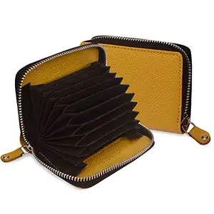 ABYS Genuine Leather Yellow Unisex Card Cum Cash Holder Wallet with Metallic Zipper