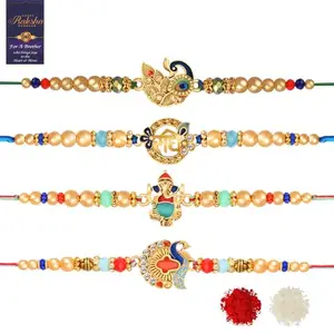 De Marquis 4 Designer Rakhi Gift Set for Brother, Mauli Thread, Chawal Roli Pack, Greeting Card Set (4 Multicolor RAKHI set in different design with Roli and chawal)