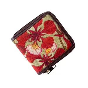 CHAMKI & CO Canvas, Faux Leather Gulmohar Confetti- Floral | Illustrated Compact Zipped Wallet | Unique Designs, Stylish Rexine Leather, Canvas | Trendy, Fashionable (Light Green, Red, Brown)