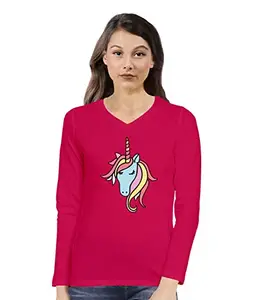 Pooplu Women's Regular Fit Premium Unicorn Cotton Printed V Neck Full Sleeves Multicolour Pootlu Tshirt. Cute Animal, Animal Tshirts (Oplu_DarkPink_XX-Large)
