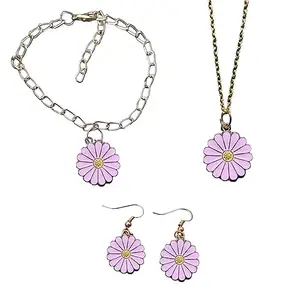 SIRANI, PRETTY DAISY PENDANT NECKLACE, BRACELET AND EARRINGS SET FOR WOMEN GIRLS| NECKLACE SET| ACCESSORIES GIFT FOR GIRLS AND WOMEN (Pink)