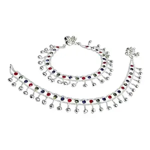 Traditional Silver Anklets with Bells, Multicolored Beads,Ghungroo Anklet, ams08