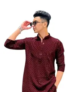 LAKHANAVI Cotton Blend Kurta with Full Sleeve for Men Color Red Size XL Design 10LAKHANAVI_RED XLSize XL