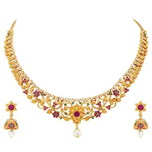 Peora Gold Plated Traditional Design Red Green CZ Necklace Jhumki Earrings Jewellery Set for Women