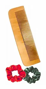 BigBro Pure Natural Wooden Comb Fine Teeth for Women and Men | Organic Antibacterial Hair Dandruff Remover Styling Comb| Handcrafted (Super Saver Pack of 1Comb + 2 Velvet Hair Scrunchies)