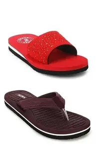 Outdoor soft slippers for women Girls Rubber slipper women Supex Multicolor Printed Flip Flop For Women - Pack of 2 Daily use slipper Flip Flops (Red & Brown, 5)
