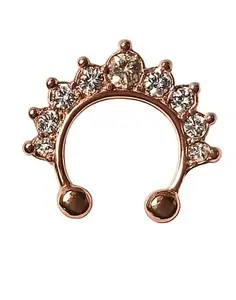 Crystal Crown Septum Ring/Silver, Black,Gold and Rose Gold variant, Rhinestone Non-Piercing Clip-On (GOLD)