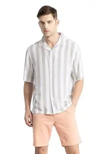 SNITCH stripple Stripe Cuban Collar Stripe Oversized Fit Shirt Grey