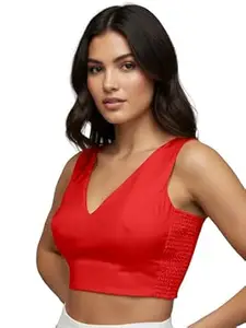 Mehrang V-Neck Taffeta Padded Sleeveless, Back Hook Closure with Smocked Side Panel, String or tie, Readymade Saree Blouse for Women