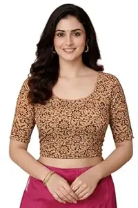 Amazon Brand - Anarva Women's Kalamkari Print Cotton Stretchable Round Neck Readymade Saree Blouse