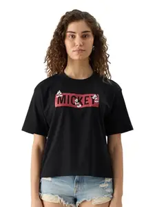 The Souled Store Official Disney: Mickey Expression Women and Girls Short Sleeve Round Neck Black Graphic Print Oversized Fit T-Shirts