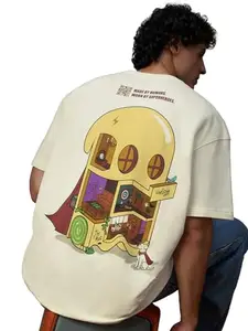 The Souled Store Oversized T-Shirt: Birthday Special Men and Boys Short Sleeves Round Neck Off White Graphic Printed Cotton Oversized T-Shirts