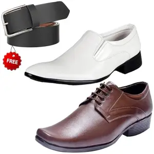 Latest Trendy Formal Shoes/Party Shoes/ 2 Shoes Combo with Free Belt for Men and Boys (BAZAAR8220_VTR004-Brwn-2004-Wht) Multicolor