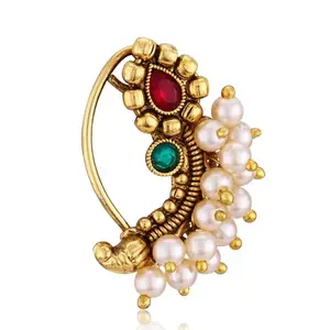 VFJ VIGHNAHARTA FASHION JEWELLERY Vighnaharta Gold Plated Multi Pearls (Moti) with CZ stone Alloy Maharashtrian Cultural Nath Nathiya./ Nose Pin for women[VFJ1256NTH-PRESS-MULTI]