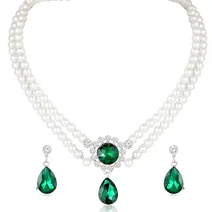 Peora Silver Plated White Pearl & Green Crystal Studded Two Layer Necklace with Drop Earrings Fashion Jewellery Gift for Women & Girls