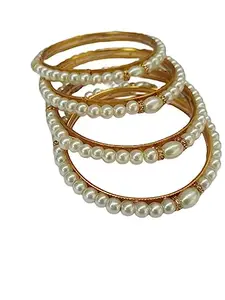 MAHEK PEARLS Beautiful and Elegant Pearl Bangles Jewellery Traditional Gold Plated Pearl Studded Bracelet Bangles Set fo 4 for Girls and Women (2.8)
