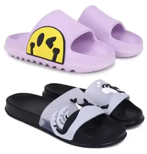 Pampy Angel Combo Pack of 2 Slipper/Flip Flops/Slides for Women,(T-Eyes-Purple,Dolphin-Black),37 (Euro)