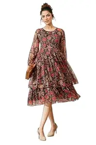 Janasya Women's Black Georgette Floral Printed A-line Dress
