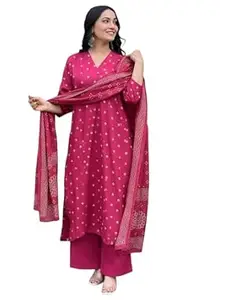ANNI Designer Women's Rayon Viscose Bandhani Printed Kurta and Palazzo Set with Dupatta | Stylish Ethnic Wear for Festive, Casual & Office