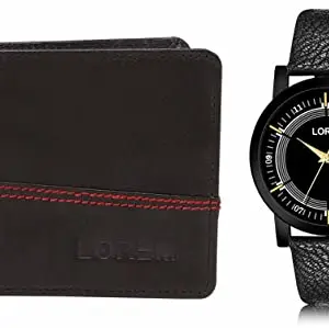 LOREM Brown Color Faux Leather Wallet & Black Analog Watch Combo for Men | WL07-LR48