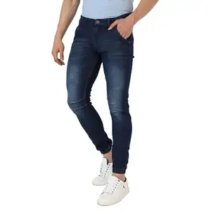 Campus Sutra Men High Rise Blue Cinched Hem Denim Jeans for Casual Wear | Medium-Wash | Regular Fit | Drawstring Closure | Cotton Crafted with Comfort Fit for Everyday Wear 34