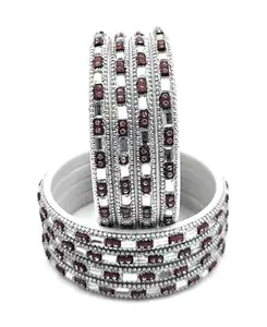 Traditional Crystal Beaded Bangles Set, Silver-Plated, 8-Piece Set, Festival Wear, Round Shape (maroon, (2.8))