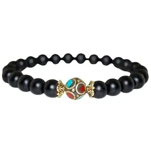 RRJEWELZ Natural Black Onyx With Tibetian Turquoise Round Shape Smooth Cut 8mm Beads 7.5 inch Stretchable Bracelet for Healing, Meditation, Prosperity, Good Luck | STBR_01630