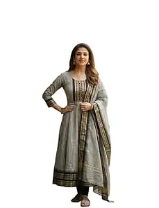 Women's Beautiful Kanchi Cotton with Jacquard Less with Embroidery AnarkaliGown & Dupatta Set AnarkaliGown3/4 Sleeve with Less Ethnic AnarkaliGown and Dupatta Lehenga Choli (GREY, 3XL)