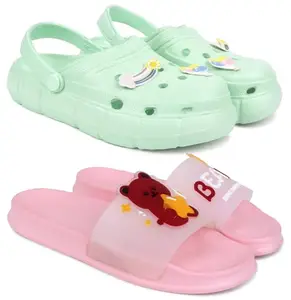 Pampy Angel Combo Pack of 2 Slipper/Flip Flops/Slides/Clogs/Sandals with Adjustable Back Strap for Women,(WCL-Ranbo-Green,Bear-Pink),37 (Euro)