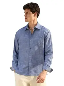 The Souled Store Textured Shirt: Blue Haze Men and Boys Long Sleeve Spread Collar Blue Solid Textured Lightweight Easy to Style Everyday Office Wear Cotton Relaxed Shirt
