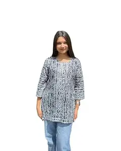 KEERRAZ Women's Rayon Bandhej/Bandhani Short Kurta with Lace Work,3/4 Sleeves, Round Neck