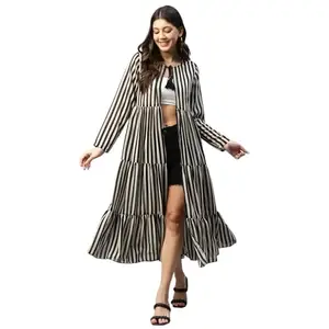 DEEBACO Women's Striped Print Georgette Crop Shrug for Women|Full Straight Sleeve Tie-UP Neck|One Piece Casual College Office Wearable Fashionable Party Outfit for Ladies (DBSG00001253_L_Black)