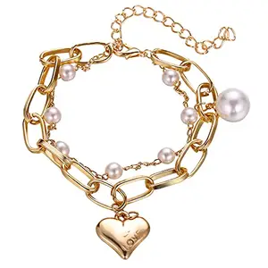Peora Non-Precious Metal Pearl Heart Charm Adjustable Bracelet for Women