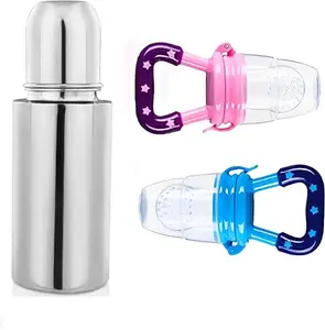 KINDAR CARE Baby's Steel Plastic Feeding Bottle | Silver Pink Purple | Pack of 2 | 254 Ml