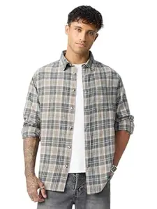 The Souled Store Textured Plaid: Forest Men and Boys Long Sleeve Spread Collar Grey Beige and White Plaid Lightweight Easy to Style Everyday Office Wear Cotton Relaxed Shirt