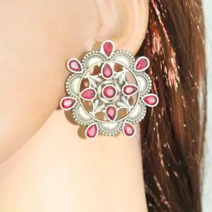 Navraee Jewellery Celebrity Inspired Oxidised Rangoli Flower Stud-Red