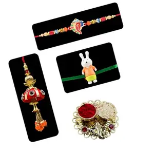 Saugat Traders Rakhi Combo for Brother and Bhabhi and Kid with Roli Chawal Chopra | Ganesh Ji Rakhee for Bhai | Traditional Lumba Rakhee for Bhabhi | Family Rakhi Set of 3