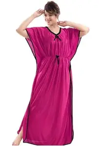 Nivediya Creations Womens Satin Printed Kaftan Nighties Night Dress (Free Size, Rani Pink)