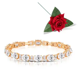 Peora Gold Plated CZ & Crystal Studded Openable Bracelet Valentine's Day Gift for Women & Girls with Red Rose