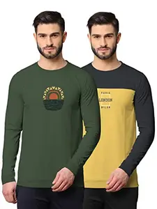 BULLMER Trendy Front & Back Printed Full Sleeve Tshirt for Men -Combo Pack of 2 - Olive_Dark Grey/Medium