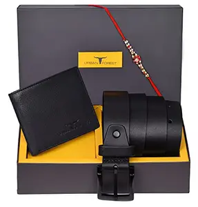 URBAN FOREST Rakhi Gift Hamper for Brother - Classic Black Leather Wallet, Casual Black Leather Belt and Rakhi Combo Gift Set for Brother - 4607