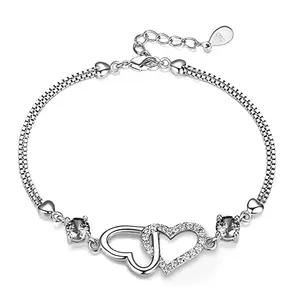 MYKI Double Heart Charm Bracelet For Women & Girls (Silver)