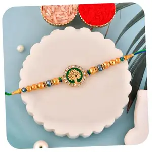 CraftVatika Rakhi for Brother, Rakhi Set of 1, Tree of Life Designer Kundan Rakhis for Brother Bhaiya Bhai Bro Boy Men, Bracelet for Protection and Blessing, Designer single rakhi With Best Wishes Greeting Card, Tilak Set