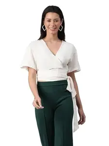 oxolloxo Women White V-Neck Short Sleeve with Tie-Knot Belt Cotton Crop Top