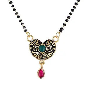 KENNICE Mangalsutra Green CZ Heart Shape Gold-Plated Tanmaniya Nallapusalu Pendant With Black Bead For Women