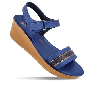 WALKAROO Women's Wedge Sandals with Cushion Sole, Velcro Straps, Lightweight for Casual Wear - WLR77025 Navy Blue