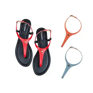 Cameleo -changes with You! Women's Plural T-Strap Slingback Flat Sandals | 3-in-1 Interchangeable Strap Set | Red-Leather-Red-Light-Blue
