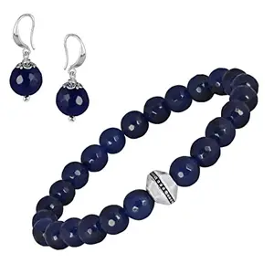 JFL - Jewellery for Less Combo of Semi-Precious Reiki Gemstone Onyx Beaded Bracelet and Earrings Silver Plated- Handcrafted Natural for Women and Girls,Valentine