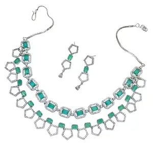 Timashu American Diamond Necklace Set for Women Bride and girls,Green & White Stone Jewellery with Earrings