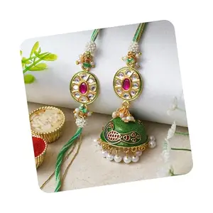 eCraftIndia Set of 2 Kundan Pearl Peacock Designer Rakhi for Brother and Bhabhi | Roli Chawal Pack | Bhaiya Bhabhi Rakhi Hamper